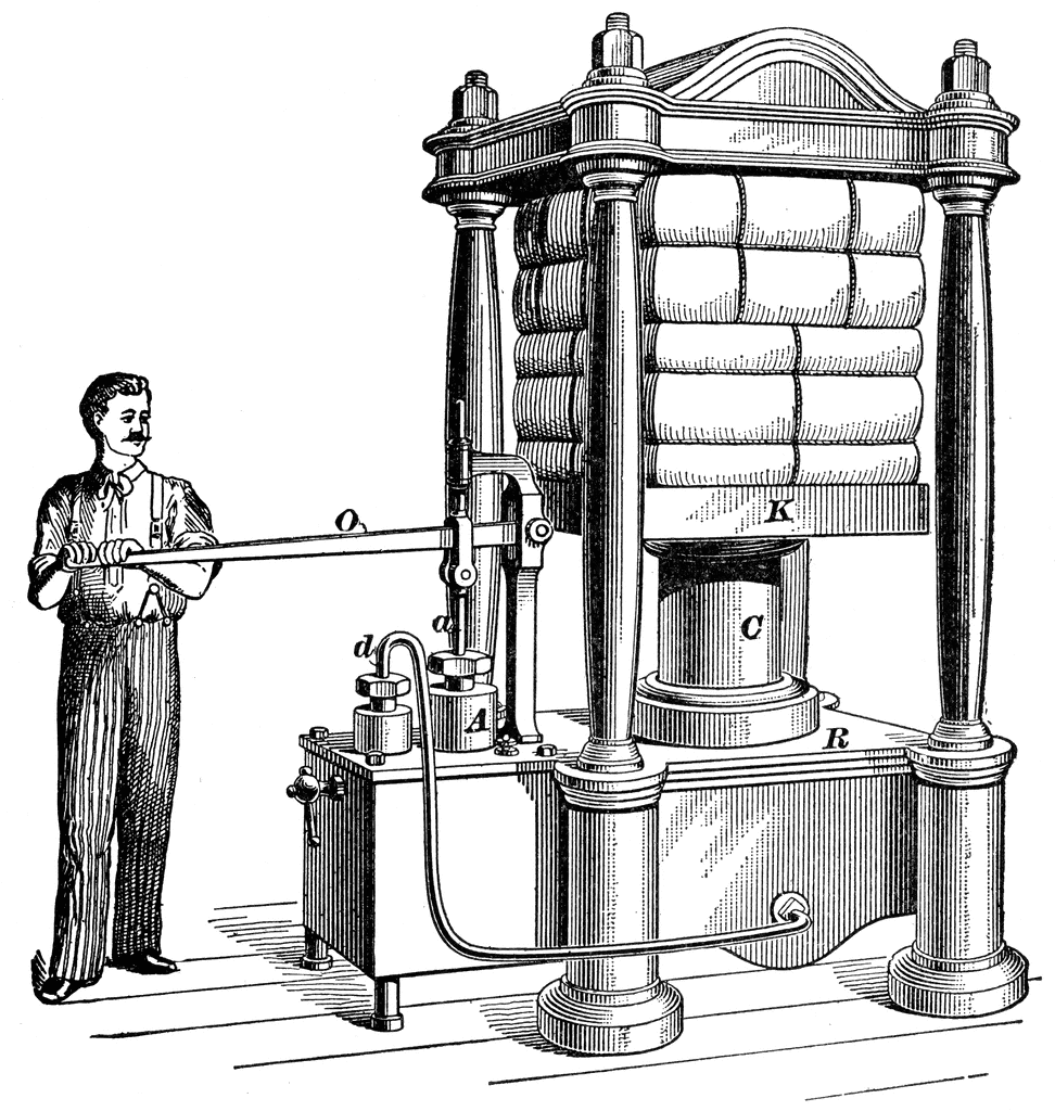 Diagram of an early hydraulic press. Applying force to the lever, O, pushes down a small piston in cylinder A. This produces a larger force from the large piston in cylinder C.