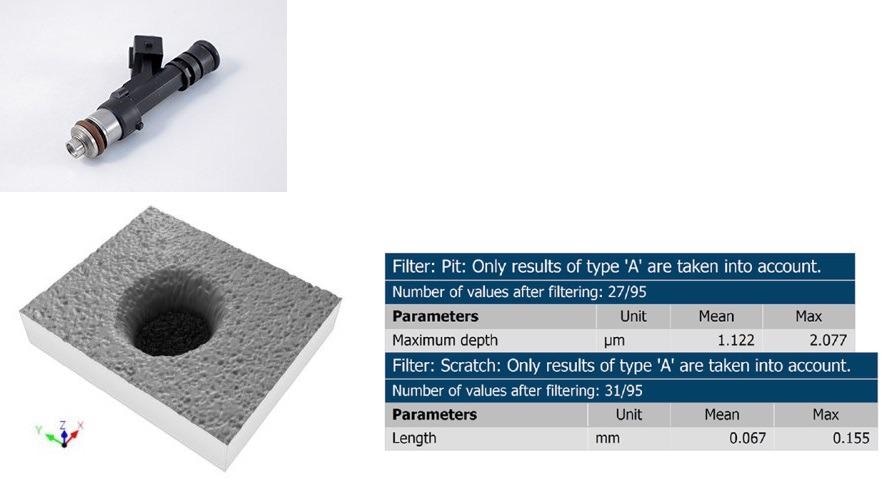 Automotive injector inspection report with scratch and pits defect analysis on top surface