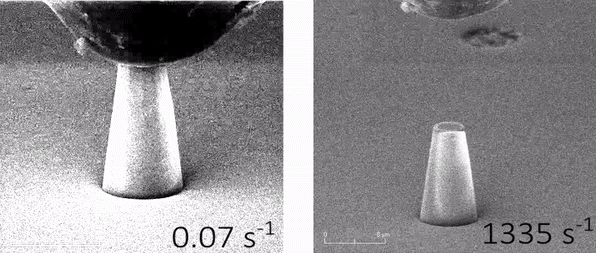 Strain rate dependent micro compression of fused silica.