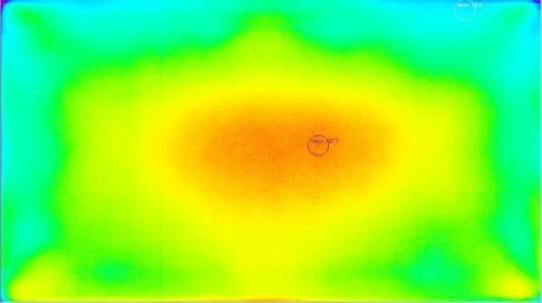 In this measurement image (shown in false color scale), light differences are evident in the center and along the bottom and corners of this panel, indicating poor uniformity.