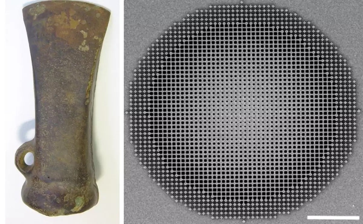 Examples of materials science from different eras: Bronze-age axe head (left), and a breakthrough ultra-thin “fishnet” achromatic metalens recently developed at UC Berkeley (right, scale bar represents 5 micrometers).