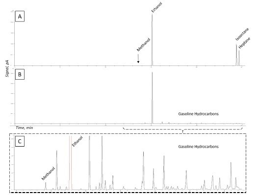 Chromatograms of an analytical standard (A), sample chromatogram (B), and close-up of low-level sample components (C).