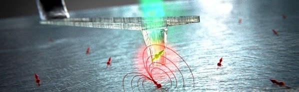 Artists rendering of a diamond Quantilever™ containing a single NV center for high-resolution quantum imaging.