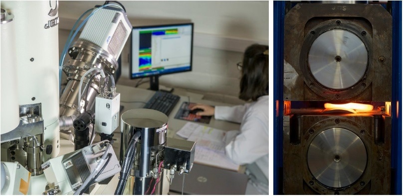 Microscopy (left) and a rolling process (right) at OCAS.