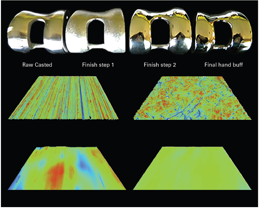 (Top, from left to right) Raw casted, initial and final finish steps. (Bottom) Associated topographies with same vertical and horizontal scales: