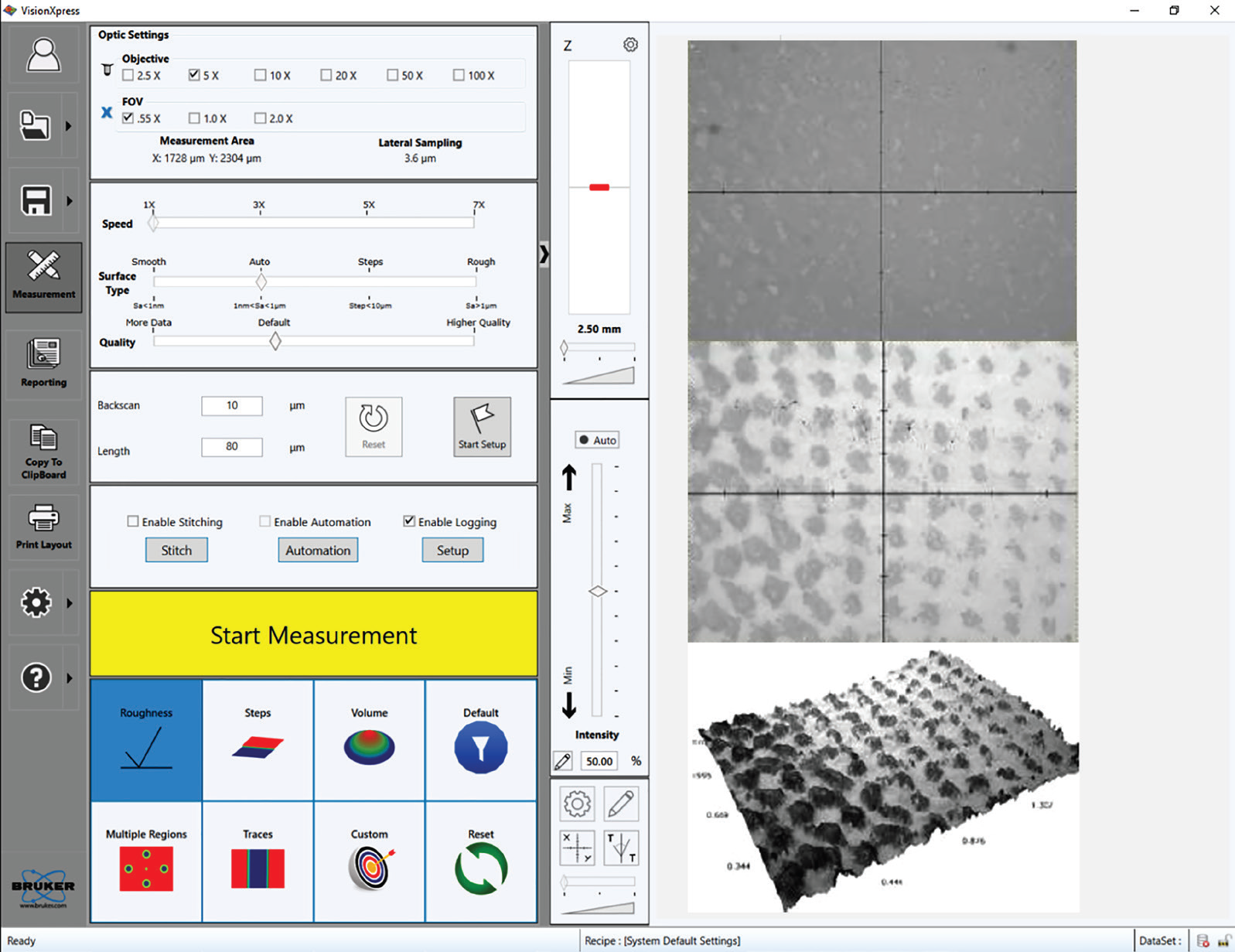 (Left) The VisionXpress interface enables a fast learning curve and flexibility of analysis. (Right, from top to bottom) Live image without external ring illumination; with external ring illumination; and the final 3D representation with an overlay of the all-in-focus intensity image.