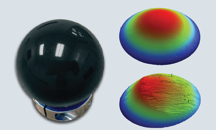 A triptic showing a PEEK (PolyEtherEtherKetone) sphere (left), the surface before wear testing (top right), and the surface after wear testing (bottom right). The images can be analyzed for volume of material lost, among other parameters.