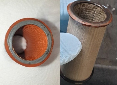 Filter element after 7 weeks trial (left) and after regeneration (right).