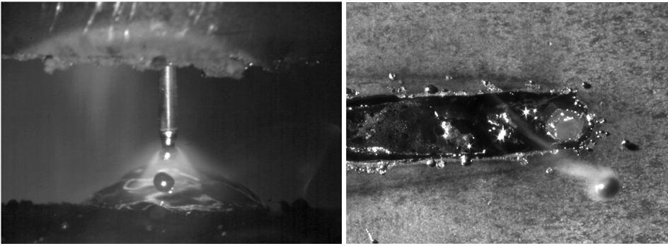 Left: Simultaneous direct and back illumination of arc welding. Right: Direct illumination of laser welding.