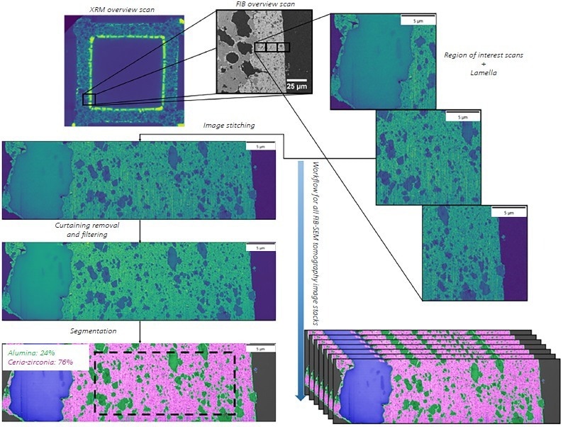 FIB-SEM scan selected from an XRM overview scan using ZEISS Atlas 5 software. The FIB tomography was performed on a FIB-SEM region of interest with ZEISS Crossbeam 550 at 10 nm (x,y) and 20 nm (z) pixel size. A series of images from the region of interest were stitched and curtaining removal was added for final segmentation. This analysis was propagated to all the frames.