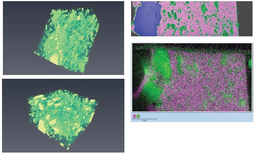 3D reconstruction and segmentation showing images from two different directions. The EDX analysis reveals the components that form the volume. This volume elements can further be analyzed to reveal nano-porosity in each of the ceria-zirconia and alumina components.
