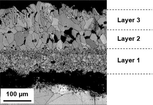 EBSD IQ map of an oxide scale formed on 316L stainless steel after four hours at 1200 °C in air and cooled in the air at room temperature.