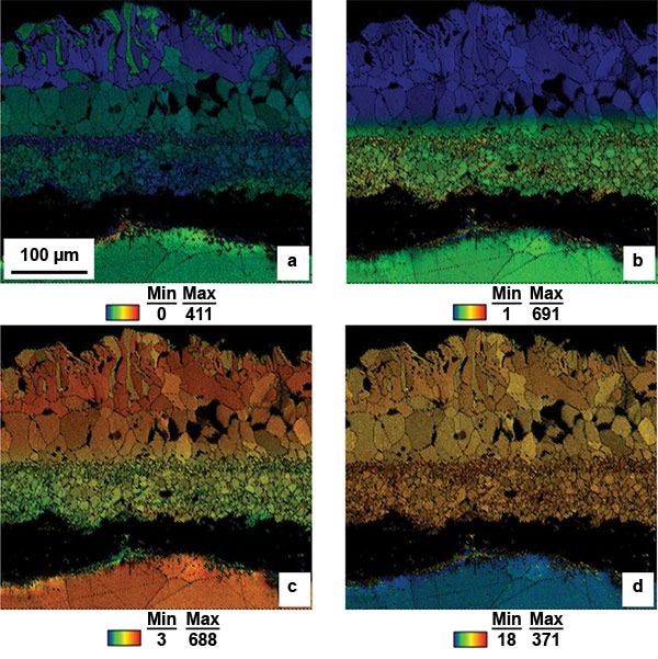 EDS maps of a) nickel, b) chromium, c) iron, and d) oxygen in an oxide scale formed on 316L stainless steel after four hours at 1200 °C in air and cooled in the air at room temperature.