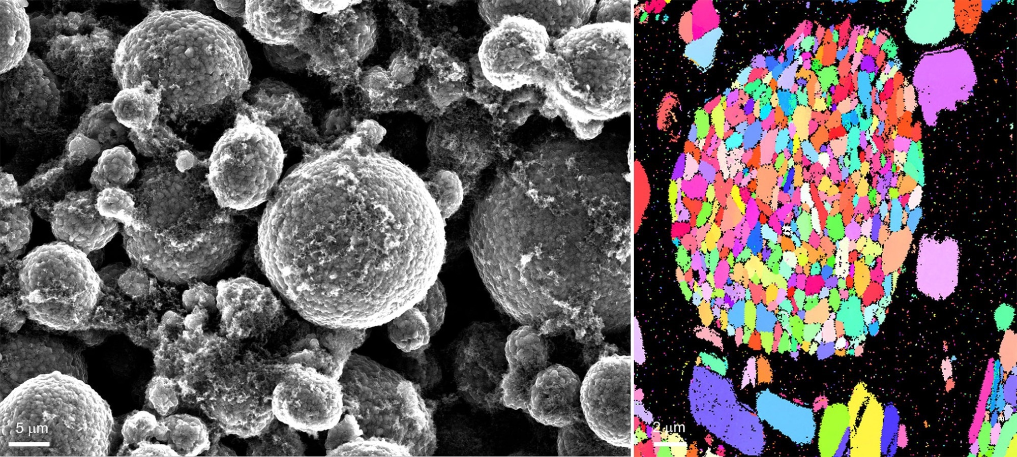 An example secondary electron image and b) orientation map of a lithium nickel manganese oxide powder sample.