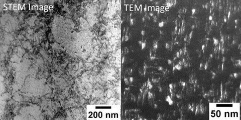 STEM and TEM images recorded from FEI Talos F200S S/TEM. STEM image showing dislocations in the additively manufactured stainless steel and TEM image showing nanostructures in the high-strength light-weight titanium alloy.