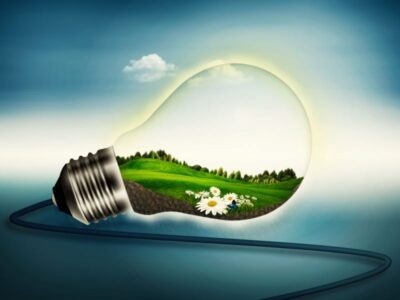 Light bulb with a field with flowers inside it.