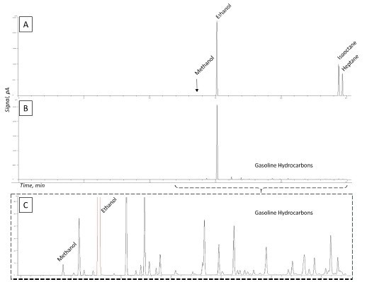 Chromatograms of an analytical standard (A), sample chromatogram (B), and close-up of low-level sample components (C).