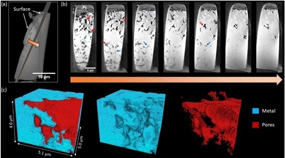 The figure shows Ni–20Cr foil corroded in KCl–NaCl in air for 16 h at 700 °C: (a) Diagonal slice used for depth profiling. (b) Pseudo-2D cross sections along depth direction, spaced approximately 0.4 µm apart. Larger pores and intergranular cracks are indicated using red and blue arrows. (c) 3D volume rendering of near-surface region displaying pore formation. Visualization of 2D pseudo cross-section images and 3D volumes was conducted in Thermo Fisher Scientific’s Avizo software.