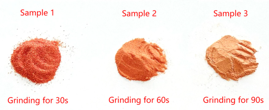 Grinding samples of coral reef for 30 seconds, 60 seconds, 90 seconds