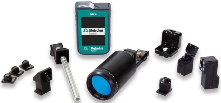 MIRA (Metrohm Instant Raman Analyzer) with several sampling attachments for easy analysis: with or without sample contact