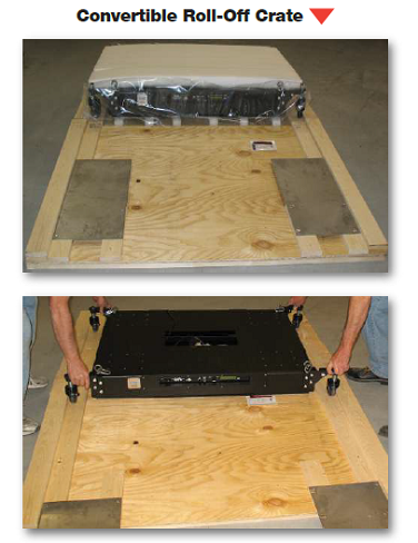 SEM-Base® (shown with optional retractable casters) is provided with a convertible roll-off crate. The crate cover convertsto a sturdy ramp and the cover slats form a guide for the wheels
