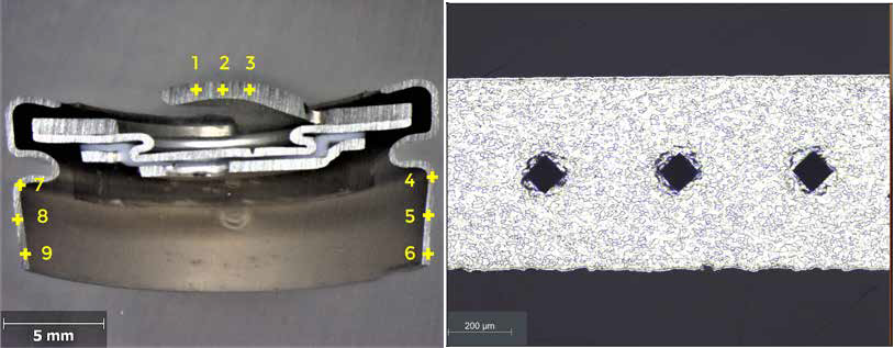 The HV1 hardness test on the cap and the casing of LIB. Hardness of the cap: 117.3 HV / Hardness of the casing: 210.6 HV.