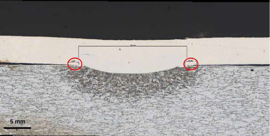 The spot welds on the cap of the battery. The red circles show tiny cracks on both ends of the spot weld. 3 % alcoholic nitric acid has been used as etchant