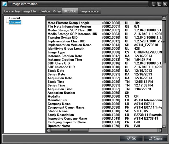 An example of DICONDE image metadata