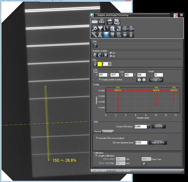 Resolution capability of the DR7 NDT sensor with DW IQI D15 (ISO 19232)