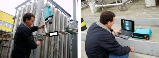 Testing of main pipeline at oxygen plant (a) setting up of X-ray apparatus; (b) monitoring of X-ray mini image