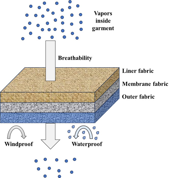 Scheme of a three-layered breathable waterproof fabric.