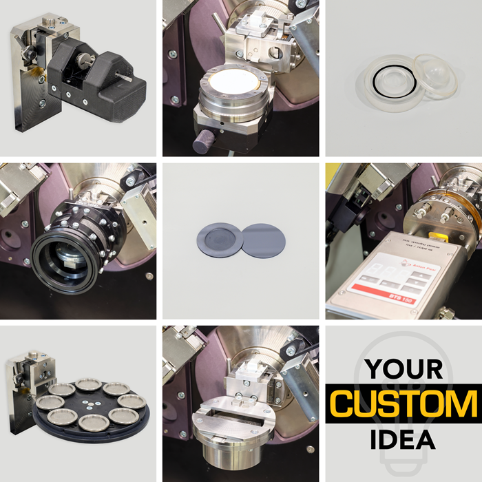(From left to right) Top row: Capillary stage, indexable phi stage, air-tight sample holder. Middle row: High-pressure controlled-atmosphere cell, silicon zero-background holder with and without cavity, BTS 150 temperature stage (temperature range: -10–150 °C). Bottom row: Eight-sample changer, bulk sample stage, custom stages