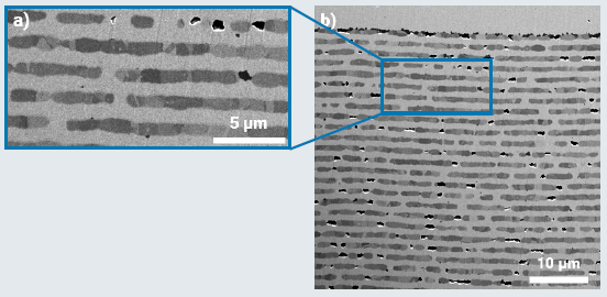FIB-SEM cut through the layers of an MLCC electronic device. a) This high magnification view of a 10x20 µm area from the polished cross section appears to show a surface with minimal defects in the material. b) By viewing at a lower magnification, we now see numerous defects and their distribution
