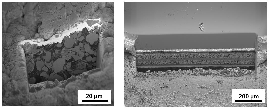 Comparison of typical cross section sizes for Ga FIB SEMs Left and plasma Xe FIB SEMs Right Right image 50 µm wide cross section of a Li ion battery electrode prepare by Ga FIB SEM Left image 1 mm wide cross section of a Li ion battery electrode prepare by plasma FIB SEM.