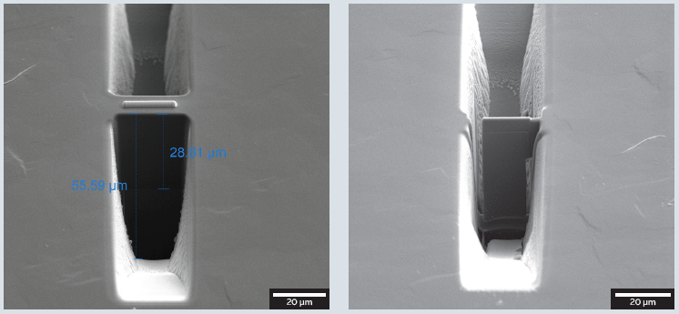 Large (55 µm × 30 µm) lamella prepared in trench, shown before (left) and after (right) undercut