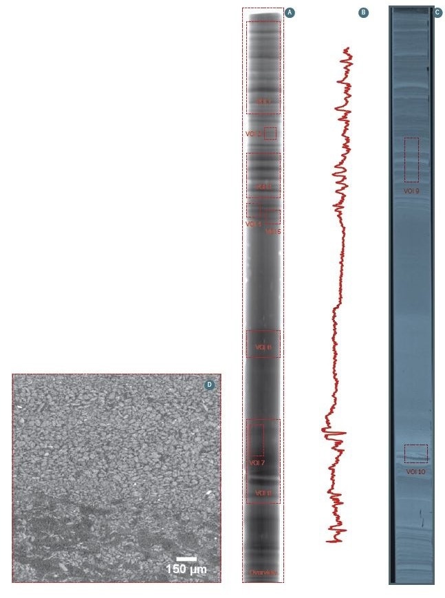(A) Overview radiograph from the complete core. This can be used to select regions for volume of interest (VOI) scans. (B) Line profile from the acquisition software to fine tune the position of the VOI’s. (C) Vertical slice through the reconstructed volume. Also, on this image can be used to select VOI’s. (D) Reconstructed slice of a certain VOI scan 10.