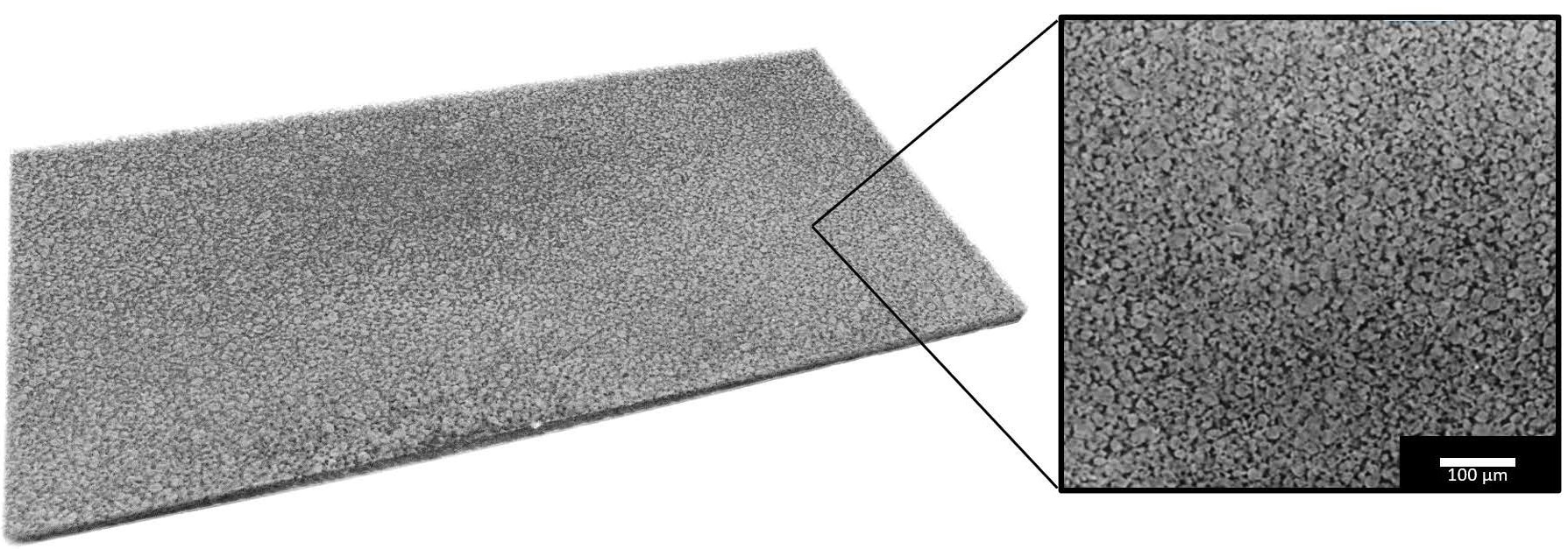 Anode foil scanned using the TESCAN UniTOM HR at 1 µm voxel size, scanned in 6 hours, visualized in 3D (left) and as a single slice through the volume (right). Porosity between the graphite particles (black areas) is clearly visible for further analysis.