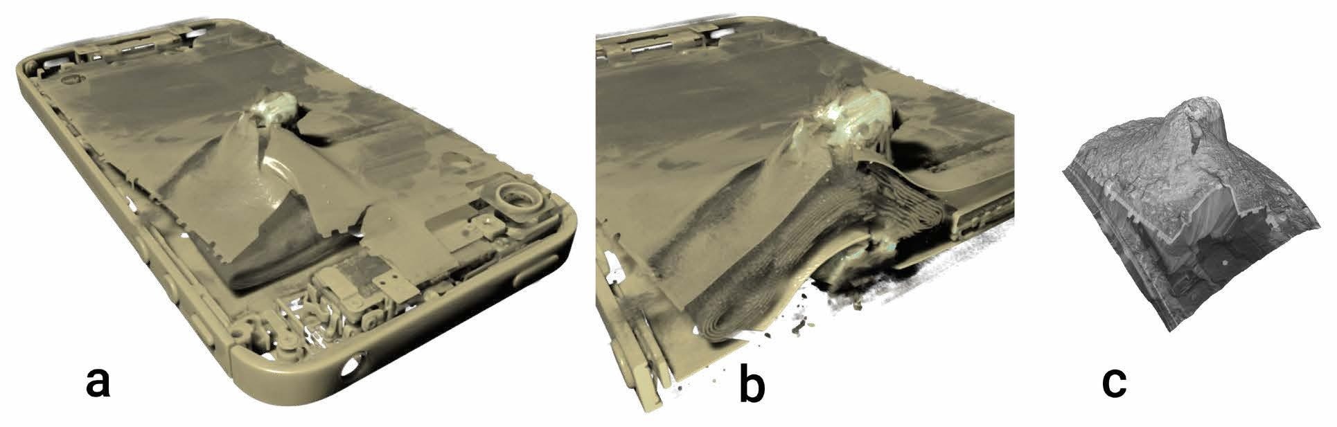 micro-CT & SEM digital elevation model of exit cone. (a) micro-CT visualization of the entire back surface of the iPhone showing the damaged area around the bullet, the bullet itself & components below the backside surface at the top of the iPhone. (b) micro-CT cross section showing damage to the iPhone battery near the bullet path. (c) SEM DEM of the exit cone rendered to match fig. 3a. The SEM and micro-CT data can be correlated to provide more information about the surface and understand what lies beneath the surface.