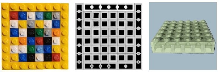 Left: LEGO sample consisting of 36 1x1 LEGO bricks. Middle: slice of a conventional CT scan of the sample. Right: 3D render of the 36 small LEGO bricks, where two different classes are visible.