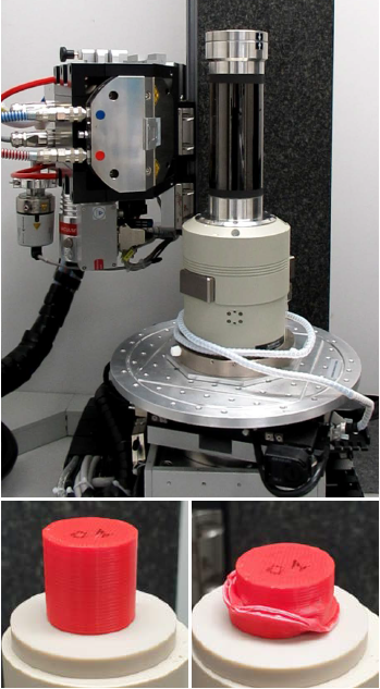 (left) Deben load cell installed in UniTOM XL; (top right) uncompressed sample; (bottom right) compressed sample.