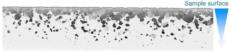 Maximum intensity projection in the lateral view of the sample, clearly showing an enriched layer of ore mineral grains at the sample’s surface, and a gradual to no occurrence of dense grains toward the bottom. Maximum intensity projection in the lateral view of the sample, clearly showing an enriched layer of ore mineral grains at the sample’s surface, and a gradual to no occurrence of dense grains toward the bottom.
