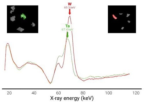Identification of the mineral grains from Figure 6 as W- or Ta-bearing mineral grains. Identification of the mineral grains from Figure 6 as W- or Ta-bearing mineral grains.