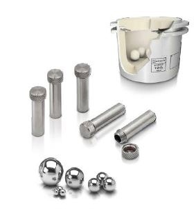 Examples of different jar and ball sizes used in laboratory ball mills: (a) small metal cups of 2 ml capacity used in Retsch mixer mills and (b) EasyFit jar with a capacity of 500 ml used in a Retsch planetary ball mills and (c) grinding balls of different size. Examples of different jar and ball sizes used in laboratory ball mills: (a) small metal cups of 2 ml capacity used in Retsch mixer mills and (b) EasyFit jar with a capacity of 500 ml used in a Retsch planetary ball mills and (c) grinding balls of different size.