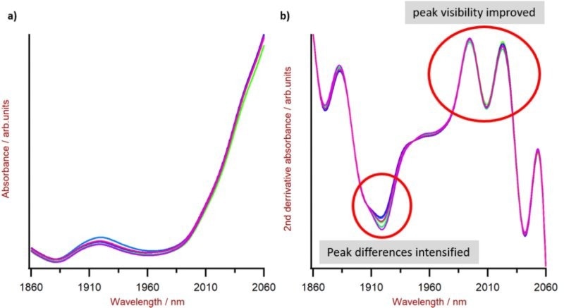 Example of the intensifying effect on spectral information by using mathematical calculation: a) without any mathematical optimization and b) with applied second derivative highlighting the spectral difference at 1920 nm and intensifying the peaks near 2010 nm.