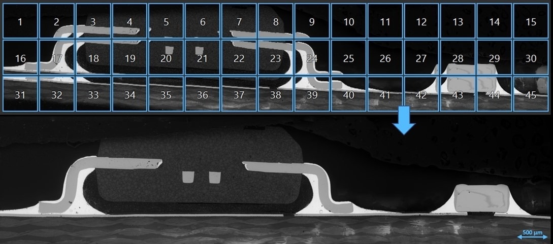 Acquisition and stitching of a sequence of 45 high resolution BSE images using Coxem’s Panorama Mode