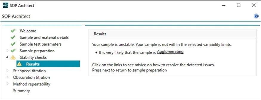 An example of a stability check report generated using SOP Architect, showing a sample that may be agglomerating.
