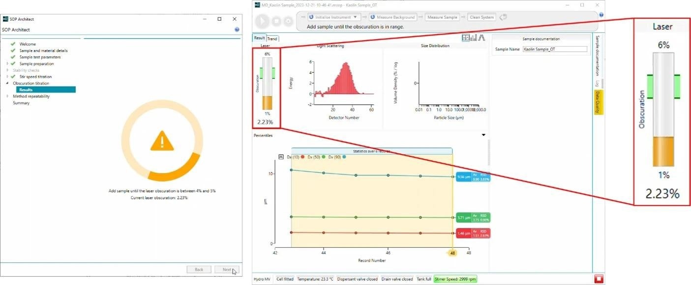 An example of an obscuration titration using SOP Architect, showing the current and desired obscuration values. A similar interface is used for the stir speed titration.