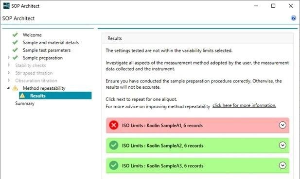 Example of Method repeatability report generated using SOP Architect, showing the red headers that appear when an aliquot fails a check, and the green headers that appear when it passes. Expanding each header shows further information, including the Dv10, Dv50 and Dv90 values, and the RSD.