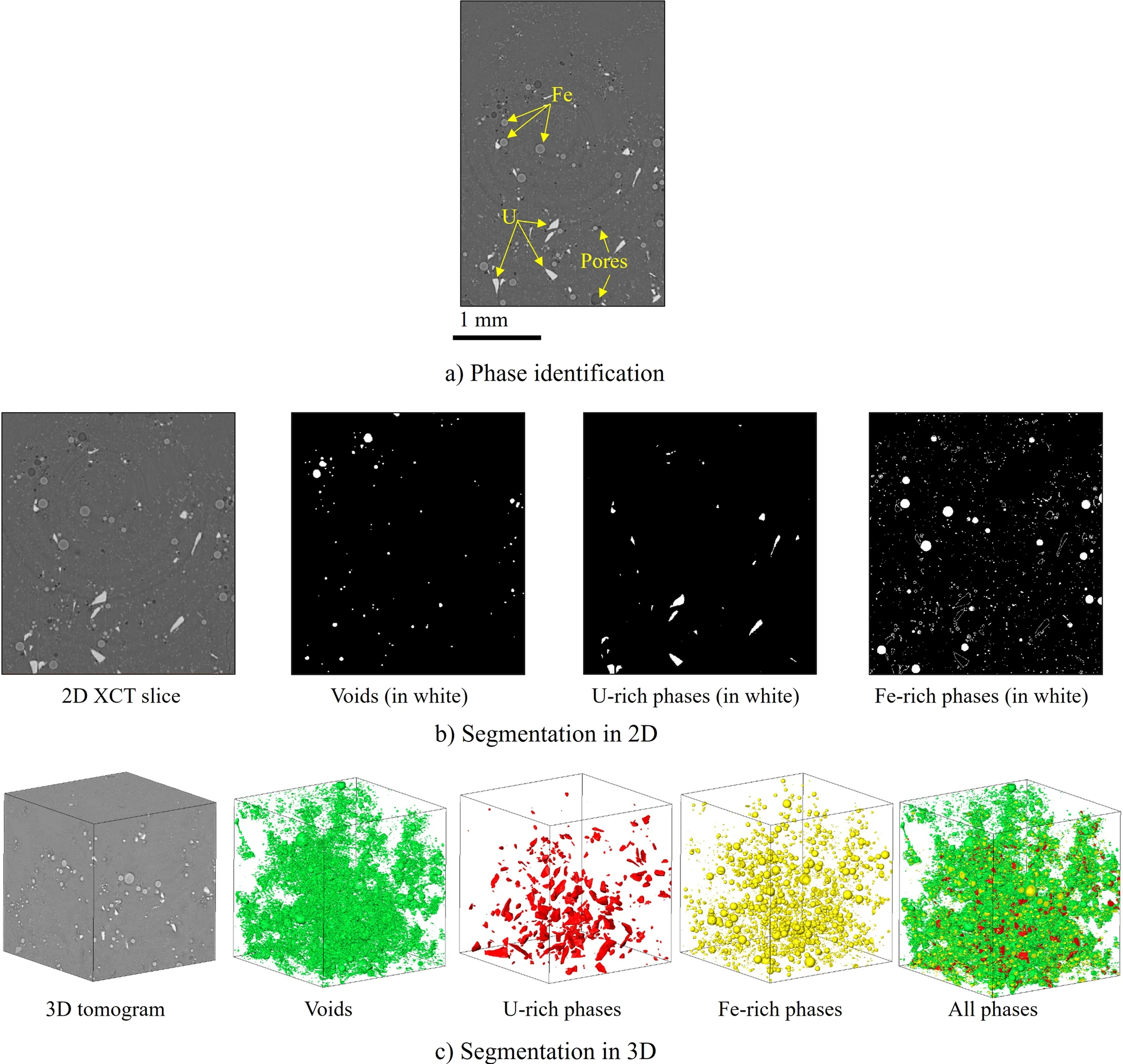 a Identification of pores, uranium and iron phases, b segmentation of the several phases in a 2D slice, and c 3D volumes of the segmented uranium, iron and pore phases.