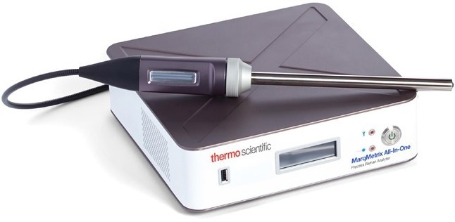 The Thermo Scientific™ MarqMetrix™ All-In-One Process Raman Analyzer with a Thermo Scientific™ MarqMetrix™ Performance BallProbe™ Sampling Optic, a robust sampling optic for samples.